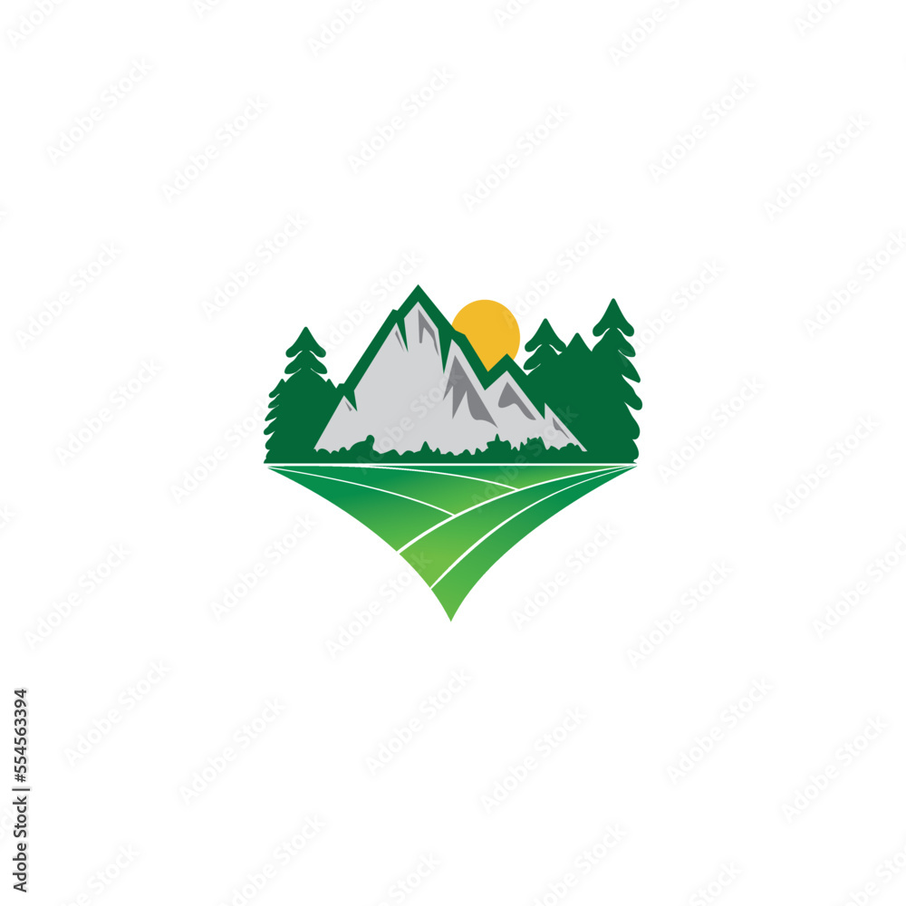 mountain logo sunrise nature paddy field vector illustration design