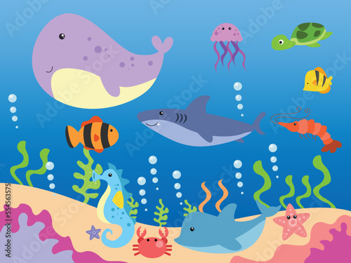 marine life with fishes cartoon