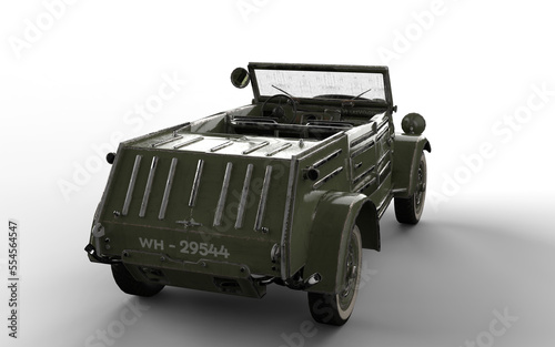 military car with a spare tire in front on a white background photo