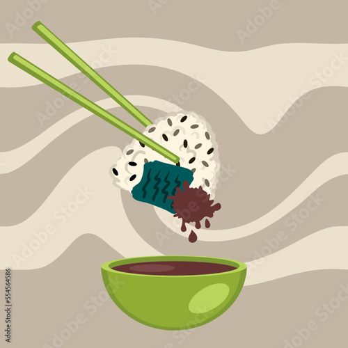 Takikomigohan seasoned mixed rice onigiri with soy sauce bowl. Perfect for tee, stickers, menu and stationery. Vector illustration for decor and design. photo