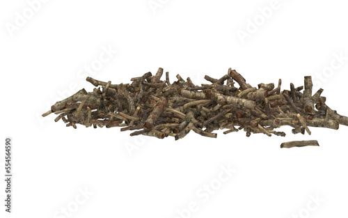 debris of wood sticks pile on white background