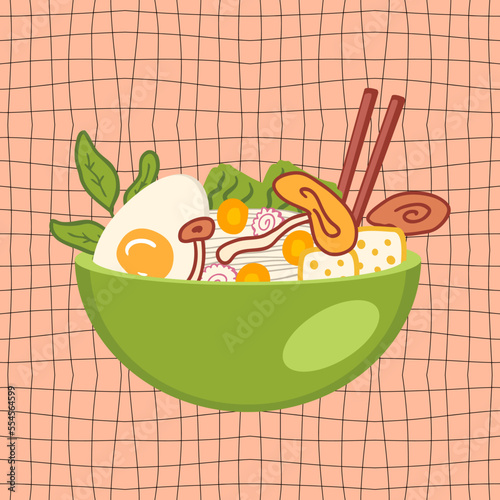 Shiitake asian food ramen soup with mushrooms. Perfect for tee, stickers, menu and stationery. Vector illustration for decor and design.