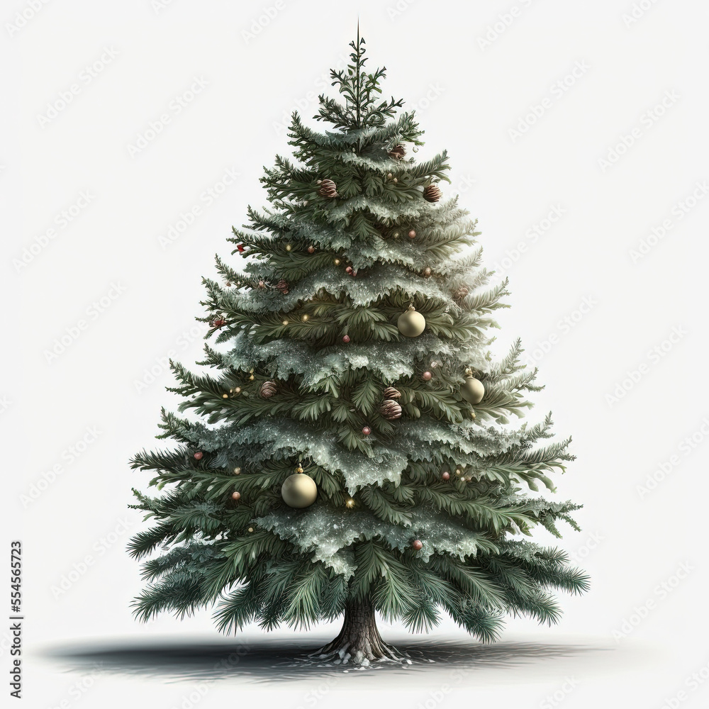 Fototapeta premium Isolated christmas tree with snow and ball ornaments on a white background