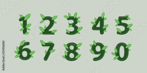Numbers from zero to nine green with plant leaves. Sustainability and for plant lovers flat design filled and dotted version