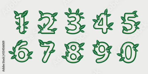 Numbers from zero to nine green with plant leaves. Sustainability and for plant lovers flat design outline and dotted version