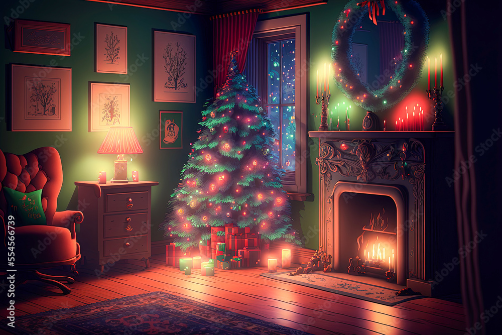 Christmas tree and fireplace with presents Christmas tree and fireplace with presents