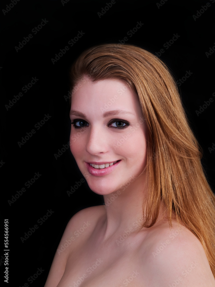 Smiling Bare Shoulder Portrait Caucasian Woman Black Background Smiling Bare Shoulder Portrait Caucasian Woman Black Background