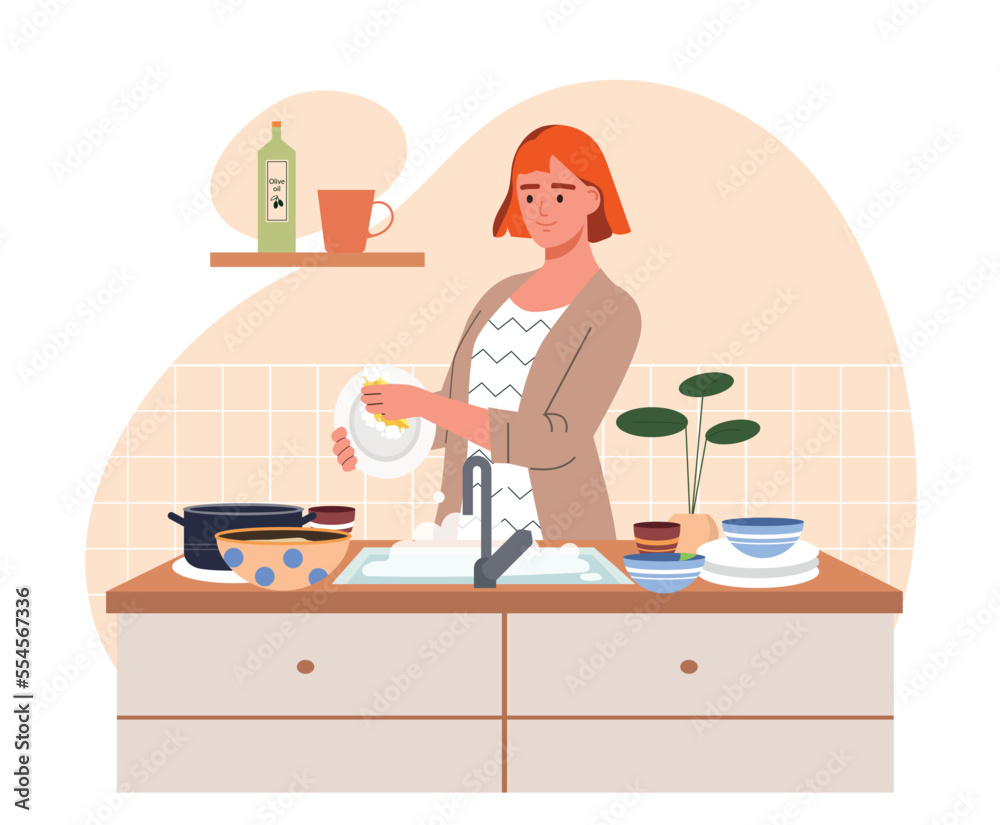 Woman washing dishes. Young girl wipes plate with sponge in kitchen. Routine and daily activities concept. Cleanliness and hygiene. Poster or banner for website. Cartoon flat vector illustration Woman washing dishes. Young girl wipes plate with sponge in kitchen. Routine and daily activities concept. Cleanliness and hygiene. Poster or banner for website. Cartoon flat vector illustration