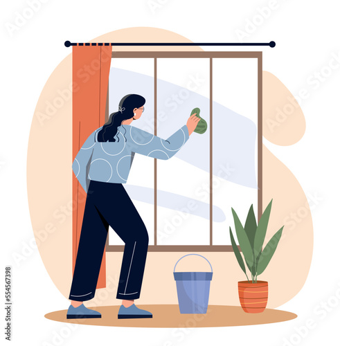 Woman washing window. Young girl with bucket and rag wipes frame. Cleaning service, employee with inventory. Hostess and mother. Routine and household chores. Cartoon flat vector illustration