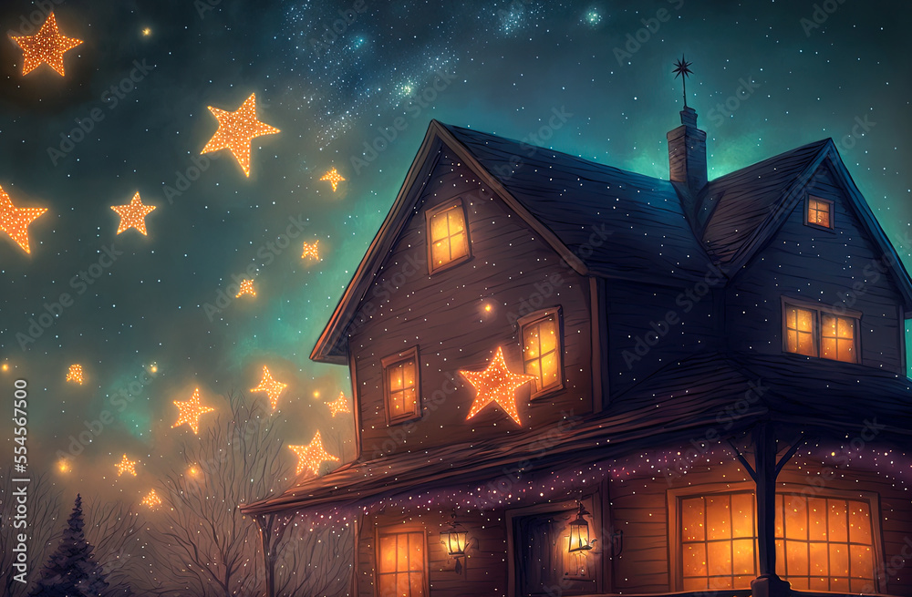 Christmas stars and a house at night