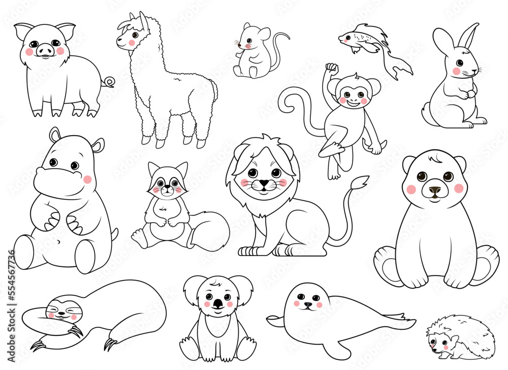Outline animals set. Collection of stickers for social networks and messengers. Lion, hippopotamus, bear and hare, koala, monkey. Cartoon flat vector illustrations isolated on white background