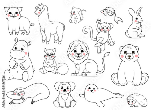 Outline animals set. Collection of stickers for social networks and messengers. Lion  hippopotamus  bear and hare  koala  monkey. Cartoon flat vector illustrations isolated on white background