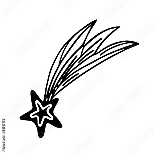 Falling comet vector icon. Hand drawn illustration isolated on white. Celestial meteorite in the shape of a star. Space meteor with a tail. Simple doodle, outline. Cartoon clipart for logo, cards, web