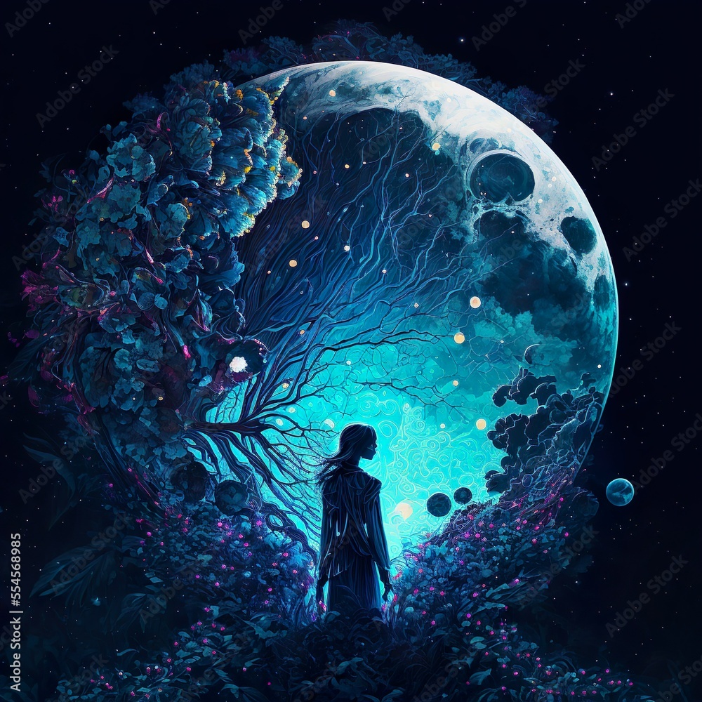 girl contemplating a huge full moon with cosmos behind