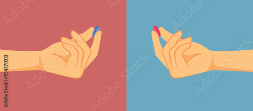 Person Holding a Red Pill or a Blue Pill Vector Cartoon Illustration. Difficult decision of choosing between two different treatments
