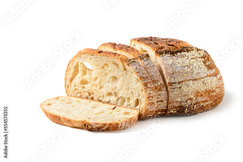 Leinwand Poster Sliced Sourdough Bread isolated on white background, homemade bakery concept