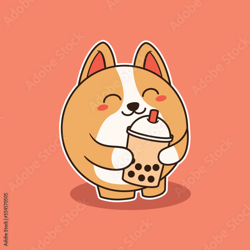 Cute Corgi Hugging Bubble Tea Vector Illustration