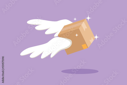 Graphic flat design drawing flying package box with wings. E-commerce, online shopping. Online delivery service. Fast delivery parcel. Winged cardboard box metaphor. Cartoon style vector illustration