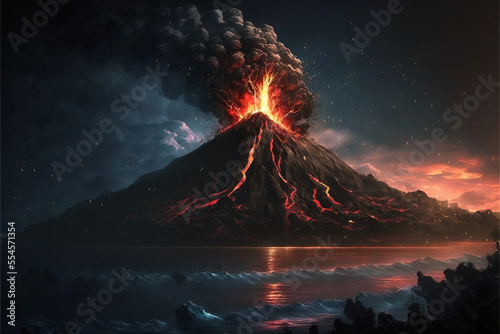 Fotografiet Krakatoa volcano eruption (Indonesia). Hawaii. Generative ai.