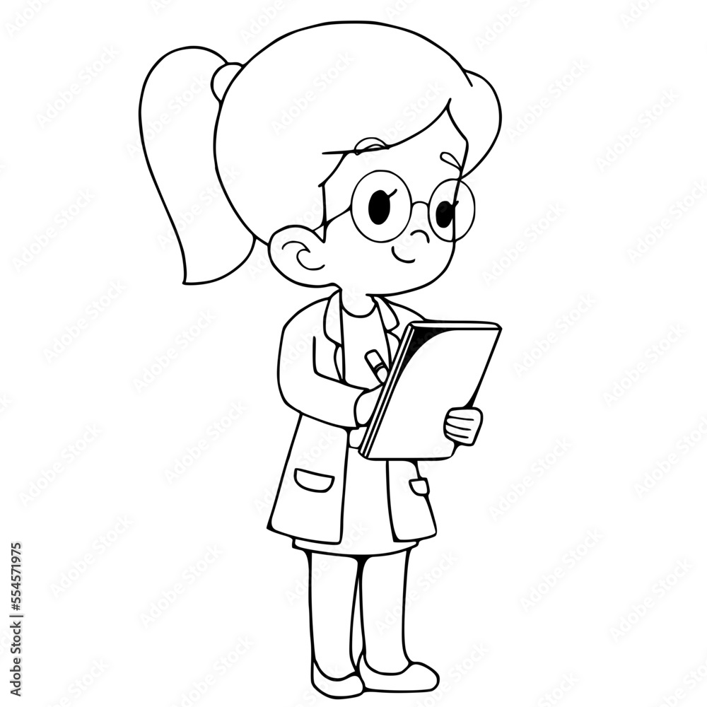 Female scientist vector illustration isolated on white background.coloring book.coloring page outline