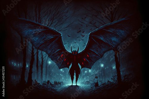 Mothman at night in the forest. Generative AI. photo