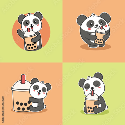 Set Of Cute Panda Drinking Bubble Tea Vector Illustration