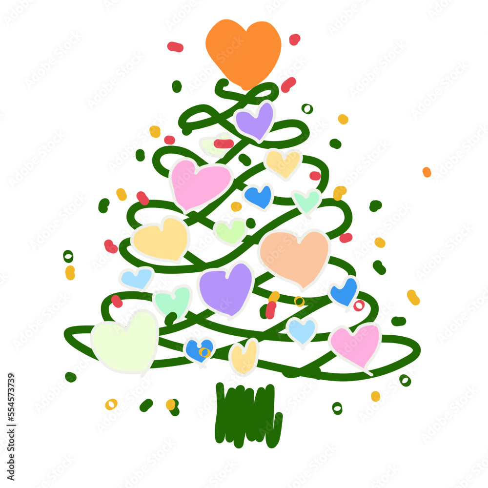 coloring various lagom firs with hatching scribble style. Hand-drawn Christmas trees with toys. ink element for cards, stamps, banners and your creativity