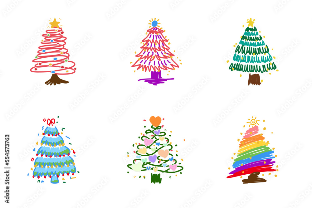 Xmas tree set coloring various lagom firs with hatching scribble style. Hand-drawn Christmas trees with toys. ink element for cards, stamps, banners and your creativity Xmas tree set coloring various lagom firs with hatching scribble style. Hand-drawn Christmas trees with toys. ink element for cards, stamps, banners and your creativity