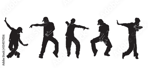Collection of Dancing street dance black silhouettes in urban style on white background, vector illustration.