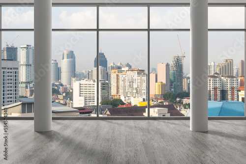 Downtown Kuala Lumpur City Skyline Buildings from High Rise Window. Beautiful Expensive Real Estate overlooking. Empty room Interior Skyscrapers View Malaysia. Day time. 3d rendering.