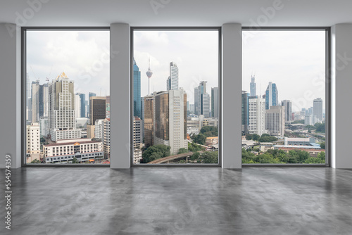 Downtown Kuala Lumpur City Skyline Buildings from High Rise Window. Beautiful Expensive Real Estate overlooking. Empty room Interior Skyscrapers View Malaysia. Day time. 3d rendering.