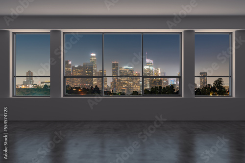 Downtown Los Angeles City Skyline Buildings from High Rise Window. Beautiful Expensive Real Estate overlooking. Epmty room Interior Skyscrapers View Cityscape. Night time. California. 3d rendering.