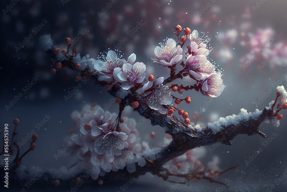 Beautiful white and red plum blossoms in the winter season, flower and the snow realistic graphic design, wallpaper, background