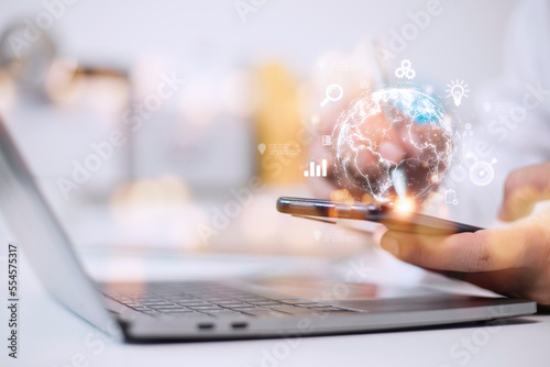 People use mobile smartphones. Business global internet connection application technology and digital marketing, Financial and banking, Digital link tech, big data.