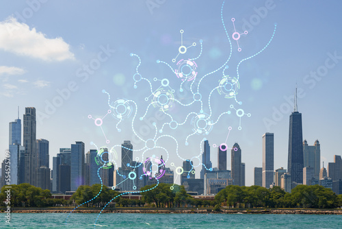 City view, downtown skyscrapers, Chicago skyline panorama, Lake Michigan, harbor area, daytime, Illinois, USA. Artificial Intelligence concept. AI, machine learning, neural network, robotics. Hologram photo