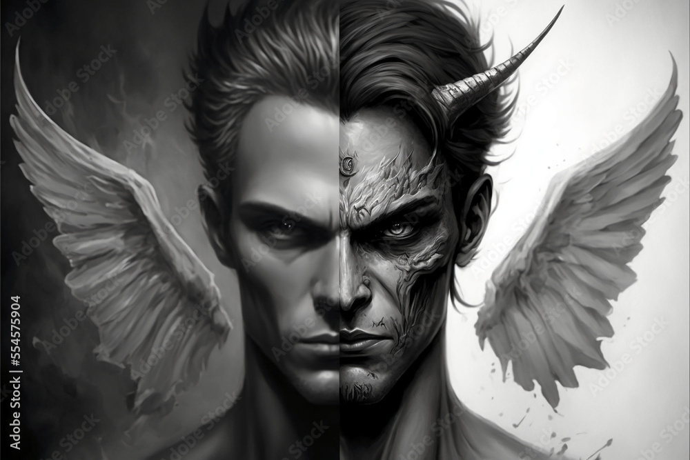 Half demon and half angel (man). Concept of good and evil, heaven and