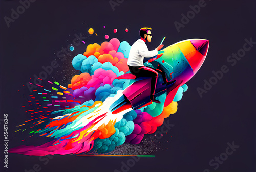 Obraz na płótnie Rocket Office Desk Worker blast off marketing and sales graphics trichromatic co