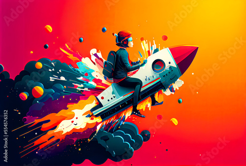 Fototapeta Rocket Office Desk Worker blast off marketing and sales graphics trichromatic co