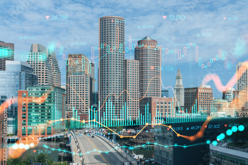 Panorama city view of Boston Harbor at day time, Massachusetts. Building exteriors of financial downtown. Glowing FOREX graph hologram. The concept of international trading and fundamental analysis © VideoFlow