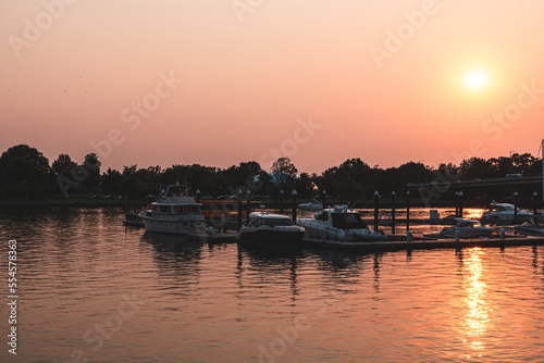 Orange sunset at the marina with yachts in Washington DC