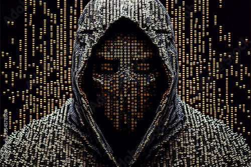 computer hacker made of 1000 diodes ransomware cyber security threat malware virus bad guy criminal technology inspired binary art illustration with room for print / copy space photo