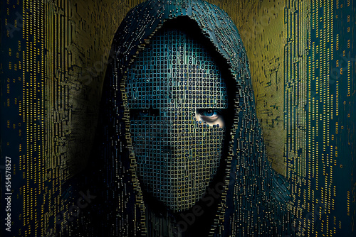 computer hacker made of 1000 diodes ransomware cyber security threat malware virus bad guy criminal technology inspired binary art illustration with room for print / copy space photo