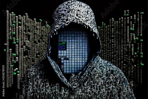 computer hacker made of 1000 diodes ransomware cyber security threat malware virus bad guy criminal technology inspired binary art illustration with room for print / copy space photo