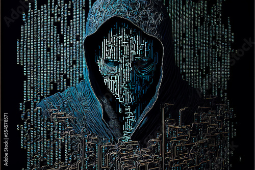 computer hacker made of 1000 diodes ransomware cyber security threat malware virus bad guy criminal technology inspired binary art illustration with room for print / copy space photo
