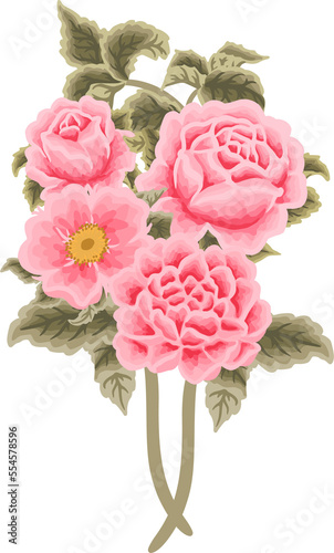 Beautiful Vintage Floral Bunch, Bouquet Arrangement with Rose, Peony, Chrysanthemum Flower and Leaf for Wedding Card Decoration, Garden Party Invitation