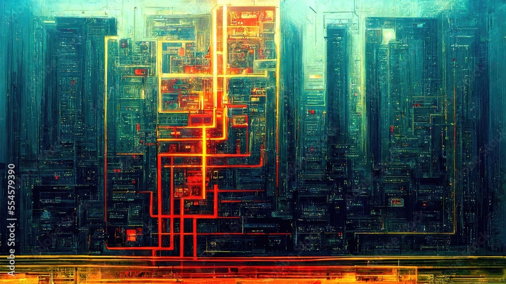 Fototapeta premium Lattice computer chip-like mechanical structure, teal and orange futuristic abstract CPU circuit global network atmosphere Sci-fi chic cyberpunk graphic elements generated by Ai