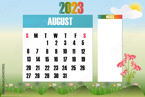 August 2023 - Calendar. Week starts on
