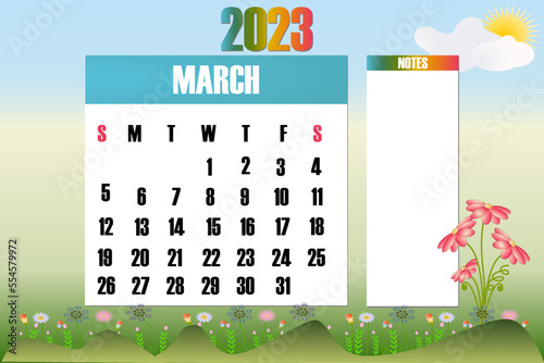 March 2023 - Calendar. Week starts on Sunday - stock vector illustration