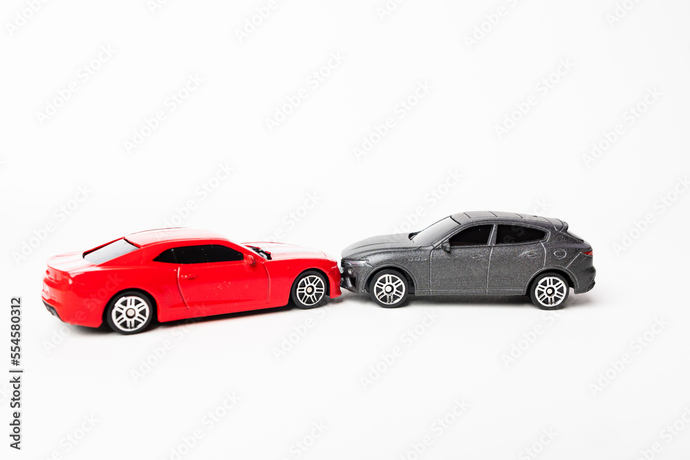 Red sedan and black SUV are car crash accident isolated on white background top view insurance concept