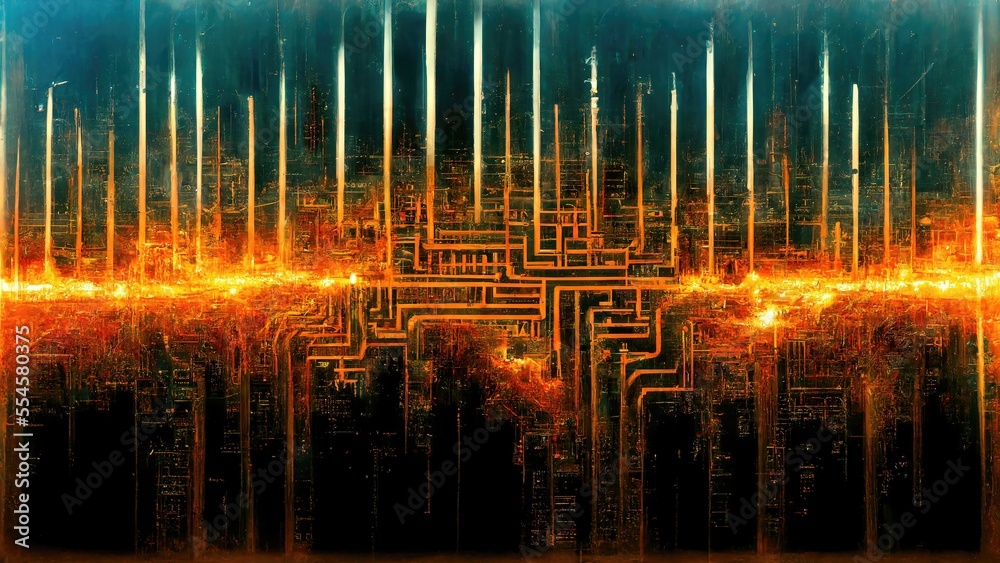 Fototapeta premium Maze mechanical structure, teal-and-orange futuristic abstract CPU circuitry global network atmosphere Sci-fi chic cyberpunk graphic elements generated by Ai